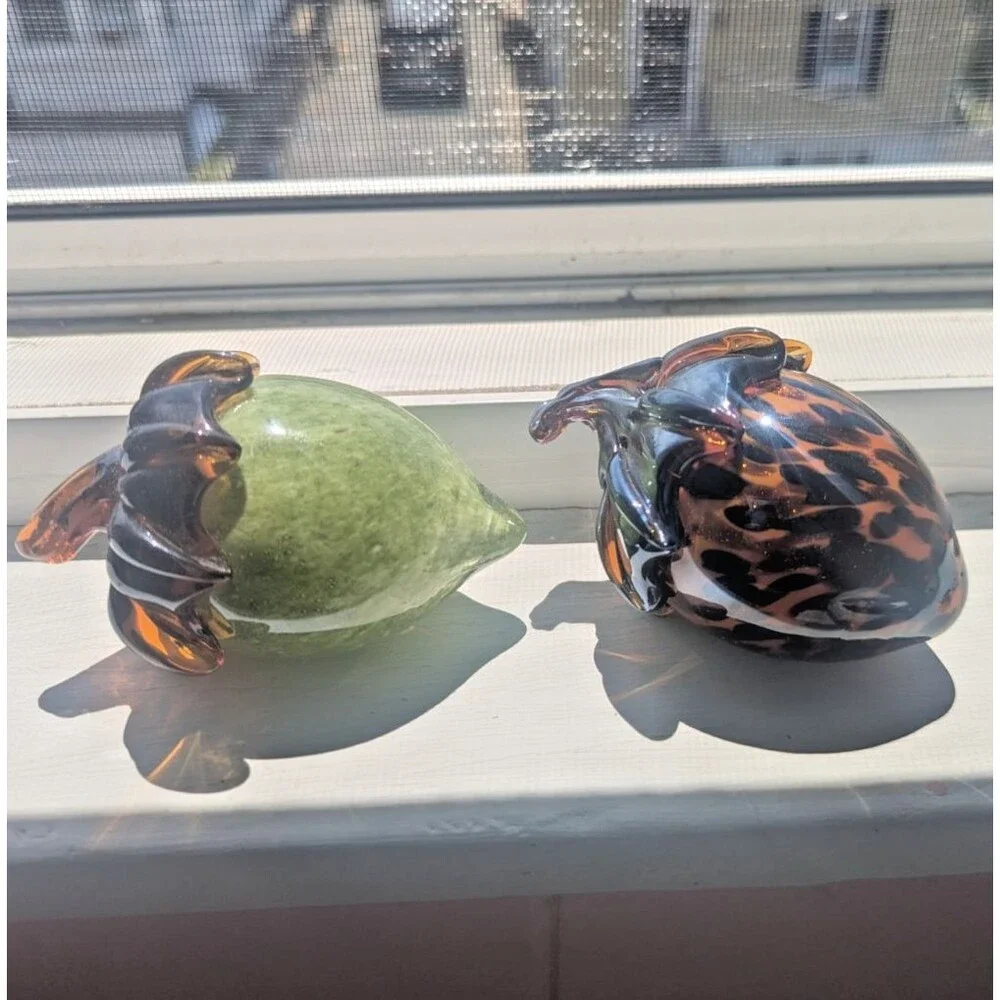 Lot Of 2 Acorns Heavy Blown Glass Fall Decor Orange & Green Paperweight Speckled